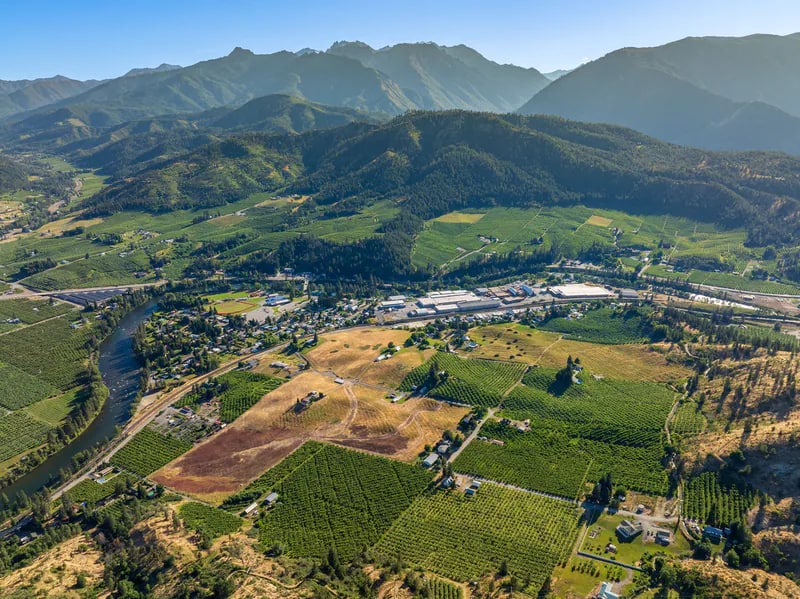 Aerial photograph of orchards and mountain foothills near Peshastin, Washington
