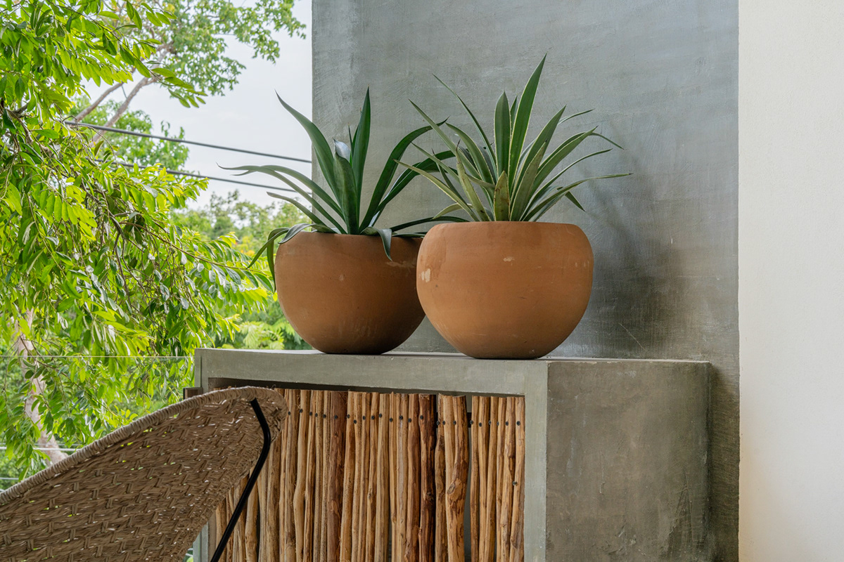 Terrace detail with potted plants and woven seating — Casa Noil 27